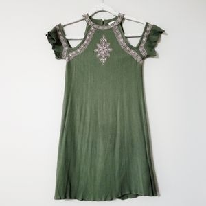 Love Fire green dress with pink embroidery XS